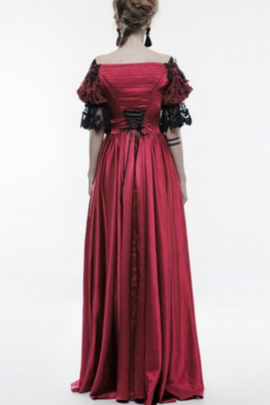Vintage Middle Ages Off the Shoulder Short Sleeve Lace Panel Floor Length Flared Dress