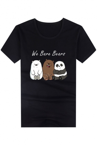 We Bare Bears Cartoon Letter Animal Pattern Short Sleeve Round Neck Slim Fit T-Shirt