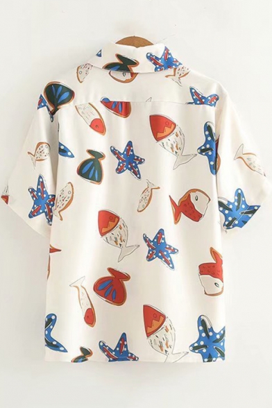 Allover Starfish Fish Pattern Short Sleeve Button Down Apricot Chiffon Shirt