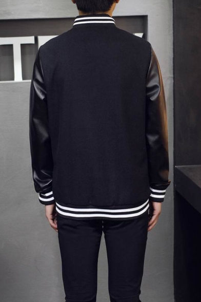 Basic Simple Stand-Up Collar Long Sleeve PU Panelled Buttons Down Black Baseball Jacket