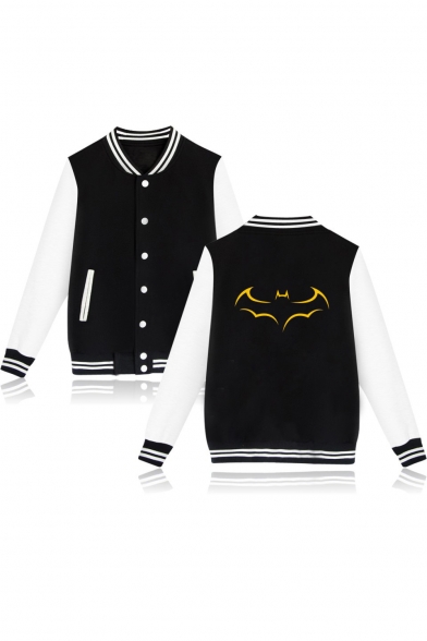 Unisex Fashion Printed Stand-Collar Color Block Long Sleeve Button Down Baseball Jacket