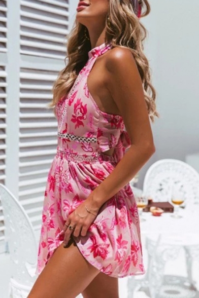 Boho Style Floral Pattern Halter Neck Sleeveless Hollow Out Mini A-Line Beach Dress
