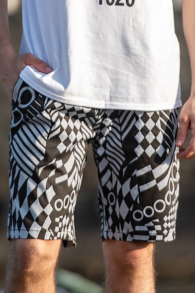 Drawstring Mens Trendy Fast Dry Geometry Printed Surfing Swim Shorts with Pockets