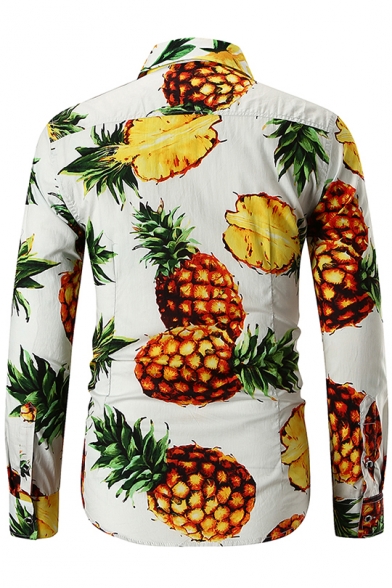 Fancy Allover Pineapple Painted Men's Casual Fitted Long Sleeve Button-Front Shirt