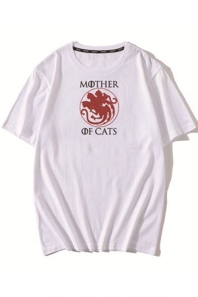 Fashion Cat Letter MOTHER OF CATS Printed Round Neck Short Sleeve Cotton Relaxed T-Shirt