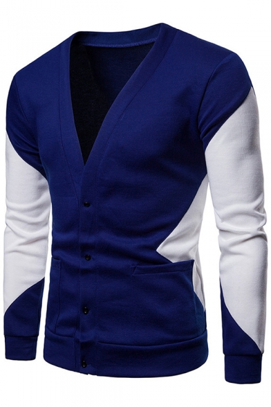 Fashion Color Block Mens Button Down V-Neck Fitted Cardigan with Pocket