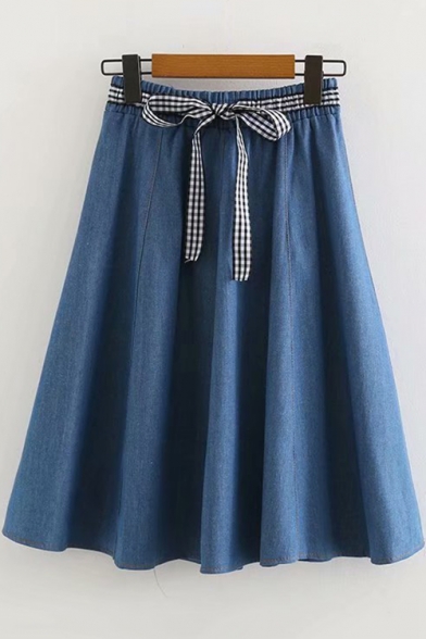 Fashion Plaid Tied Waist Midi A-Line Denim Skirt