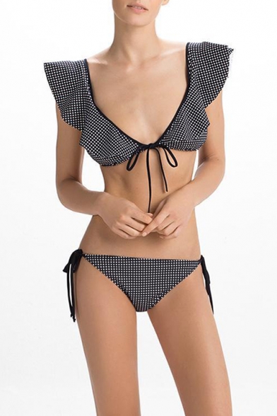 Fashion Polka Dot Printed Ruffle Sleeve Tied Front Black Bikini Swimwear