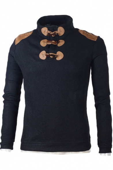 Fashion Toggle Button Stand Collar Patched Shoulder Long Sleeve Solid Color Fitted Knitwear Sweater