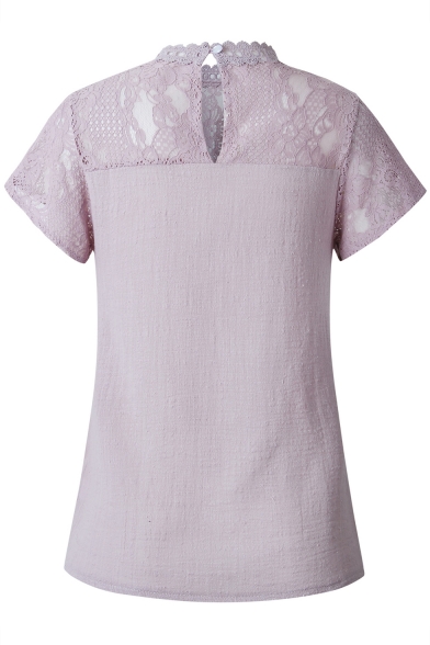 Fashionable Plain Mock Neck Short Sleeve Crisscross Lace Patched Casual T-Shirt