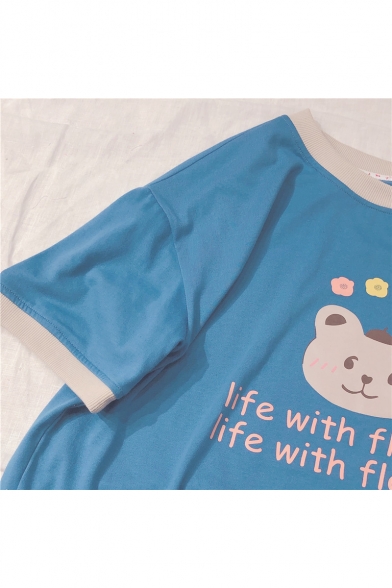 Funny Bear Letter LIFE WITH FLOWER Printed Round Neck Half Sleeve Casual Tee