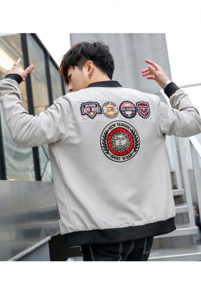 Guys Cool Badge Applique Stand Up Collar Zip Up Fitted Military Jacket