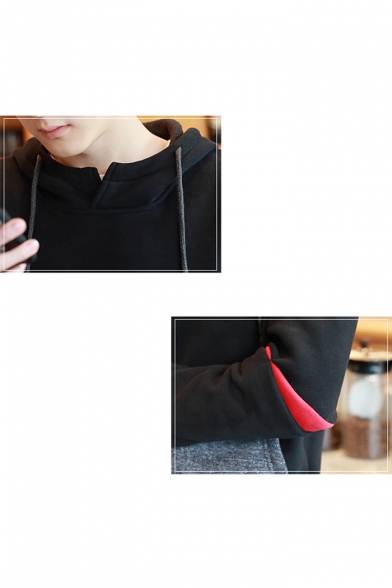 Guys Street Style Colorblocked Patchwork Long Sleeve Regular Fit Black Pullover Hoodie