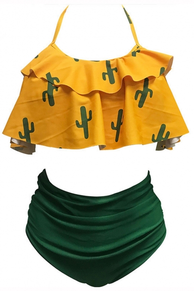 Hot Fashion Chic Ruffle Detail Allover Cactus Pattern Halter Neck High Waist Bottom Bikini Swimwear