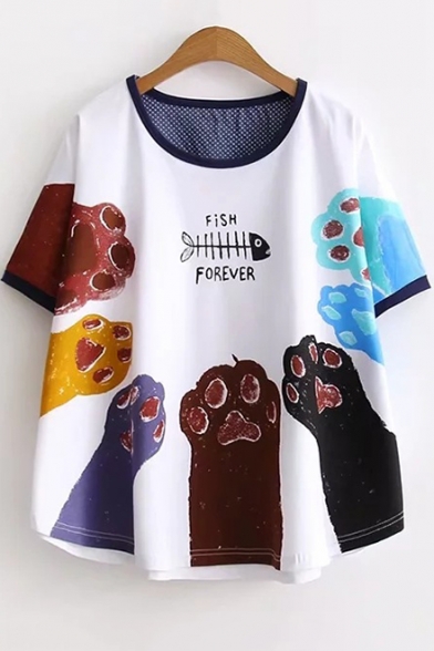Lovely Cat Claw Fish Bone Printed Short Sleeve Loose Fit T-Shirt