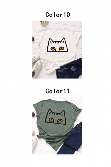 Lovely Cat Pattern Short Sleeve Round Neck Cotton T-Shirt for Women