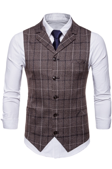 Men's Classic Plaid Pattern Single Breasted Notched Lapel Buckle Back Casual Suit Vest