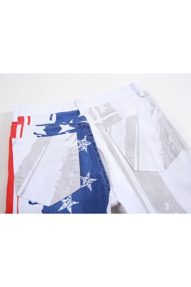 Men's New Fashion American Flag Printed White Stretch Fit Casual Jeans
