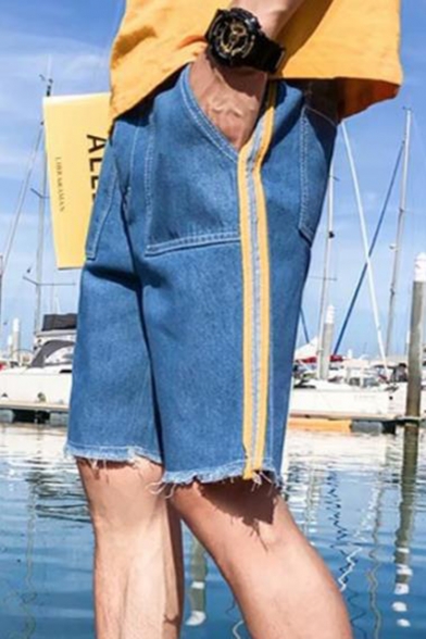 Men's Summer Blue Frayed Edges Striped Side Straight Fitted Denim Shorts