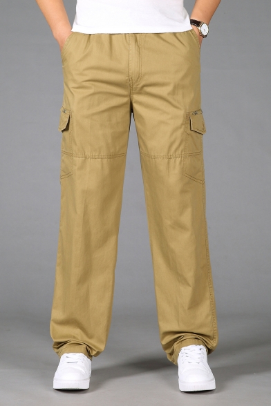 Mens Elastic Waist Flap Pocket Side Simple Plain Cotton Straight Fit Cargo Trousers