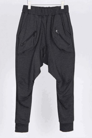 Mens Fashion Solid Color Zipper Pockets Casual Cotton Sweatpants Drop-Crotch Harem Pants