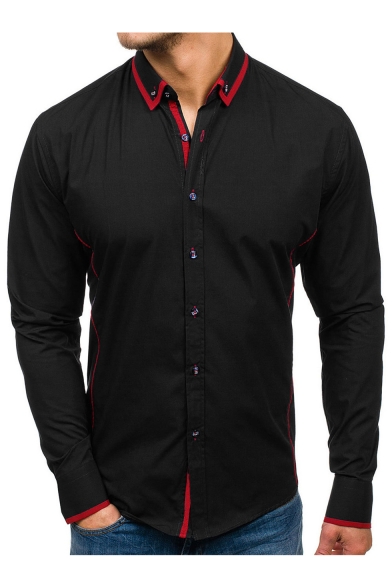 Mens New Trendy Contrast Collar Linellae Embellished Long Sleeve Button Down Shirt