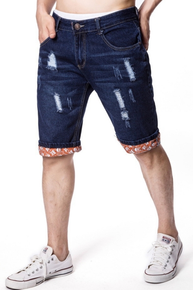 Mens New Trendy Destroyed Ripped Straight Fit Dark Blue Denim Shorts