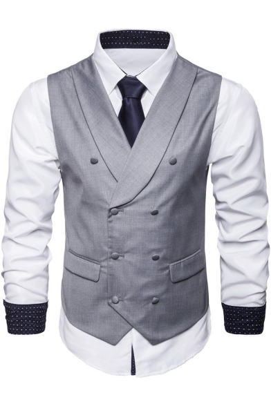Mens Solid Double Breasted Back Belt Lapel Collar Business Suit Vest