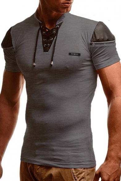 Mens Summer New Fashion Lace-Up Stand Collar Zip Patched Short Sleeve Slim Fit T-Shirt