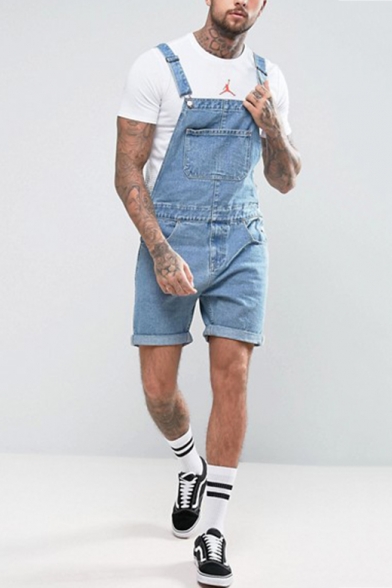 Mens Vintage Light Blue Rolled Cuff Suspenders Denim Overall Shorts