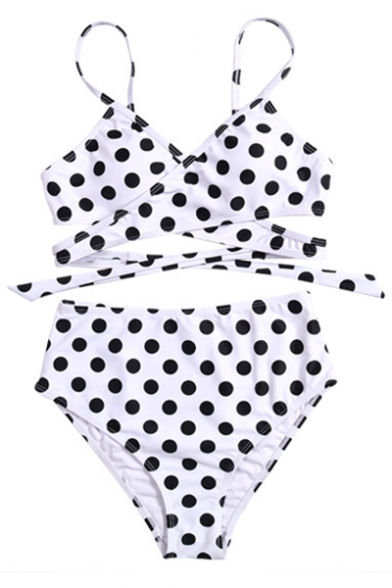 New Arrival Crisscross Polka Dot Printed Sleeveless with High Waist Bottom Bikini