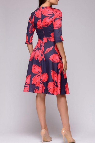 New Stylish Floral Pattern Round Neck Half Sleeve Midi A-Line Dress
