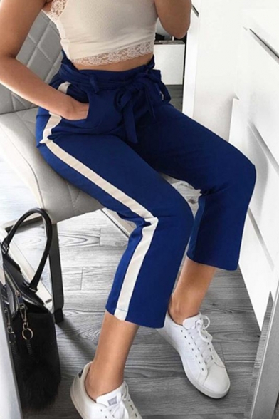 New Stylish Tied Waist Striped Side Leisure Pants with Pockets