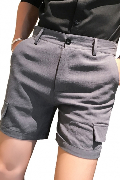 New Trendy Solid Color Pockets Patched Casual Linen Shorts for Men