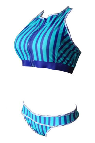 New Trendy Striped Printed Zipper Front Sleeveless Bikini