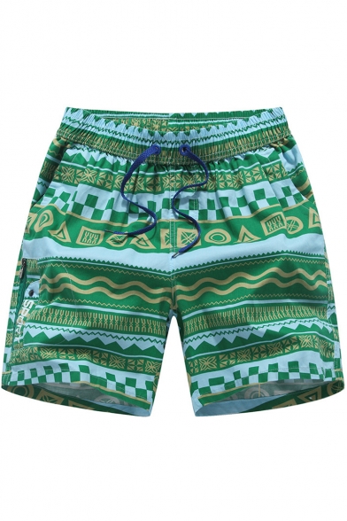 New Trendy Tribal Geometric Printed Guys Drawstring-Waist Holiday Beach Swim Trunks