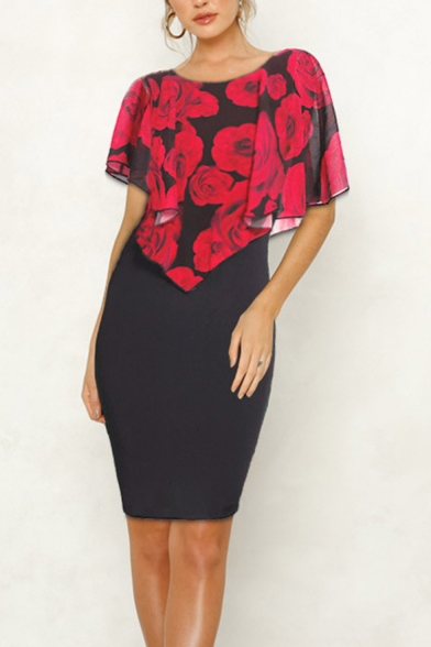 Popular Floral Print Shawl Layered Round Neck Knee Length Bodycon Dress for Women