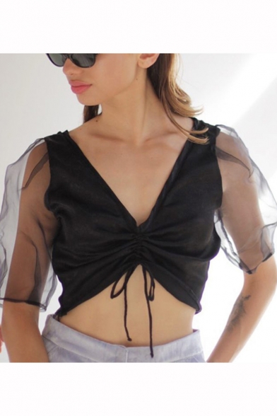 Popular Sexy Puff Sleeve Ruched Front Black Transparent Mesh Crop T-Shirt