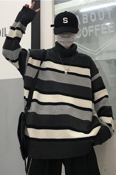 Stylish Colorblocked Striped Turtleneck Bilayer Sleeve Loose Fit Pullover Sweater