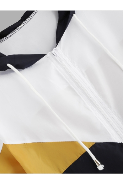 Stylish Zip Closure Color Block Long Sleeve Drawstring Hoodies Windbreaker Jacket