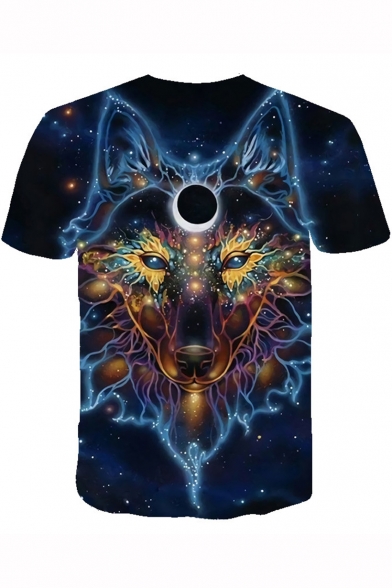 Summer Fashion 3D Galaxy Eagle Wolf Printed Short Sleeve Blue T-Shirt