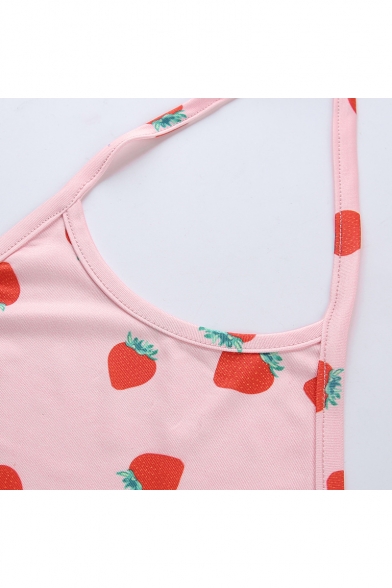Summer New Trendy Allover Strawberry Printed Halter Neck Pink Cropped Cami Top