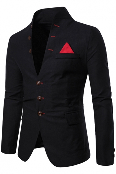 Trendy Stand Collar Long Sleeve Button Front Patched Casual Mens Suit Blazer