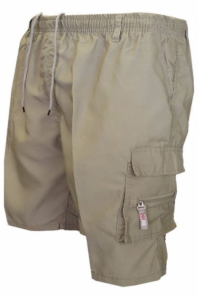 Unique Cool Plain Zipper Patched Drawstring Elastic Waist Men's Summer Cotton Loose Cargo Shorts