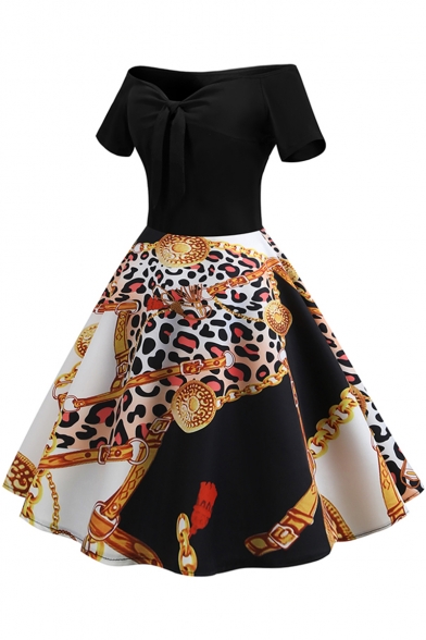 Unique Trendy Printed Off the Shoulder Short Sleeves Bow-Tied Front Black Midi Flare Dress