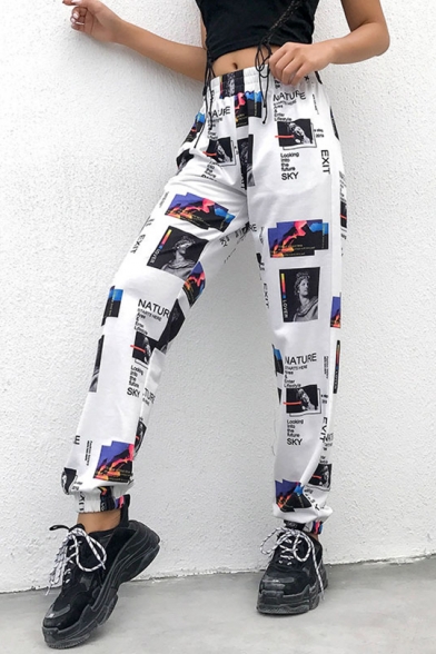 Women's Fashion Letter Figure Printed Elastic Waist Loose Fit White Track Pants