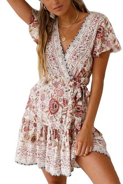 Women's Holiday Boho Style Floral Printed V-Neck Short Sleeve Tied Waist Pleated Mini A-Line Dress