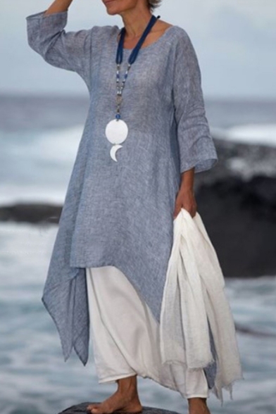 Womens Summer New Fashion Solid Color Round Neck Three-Quarter Sleeve Maxi Linen Dress