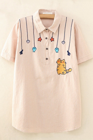 Cartoon Cat Shell Embroidery Button Front Short Sleeve Stripes Blouse