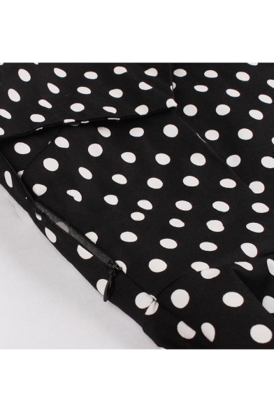 Color Block Halterneck Polka-Dot Print Bow-Tied Waist Midi A-Line Flared Black Dress